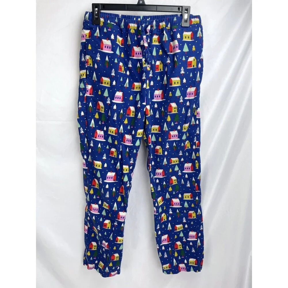Hanna Andersson Adult Small PJ Blue Fleece Pants Cotton Houses Snow Trees